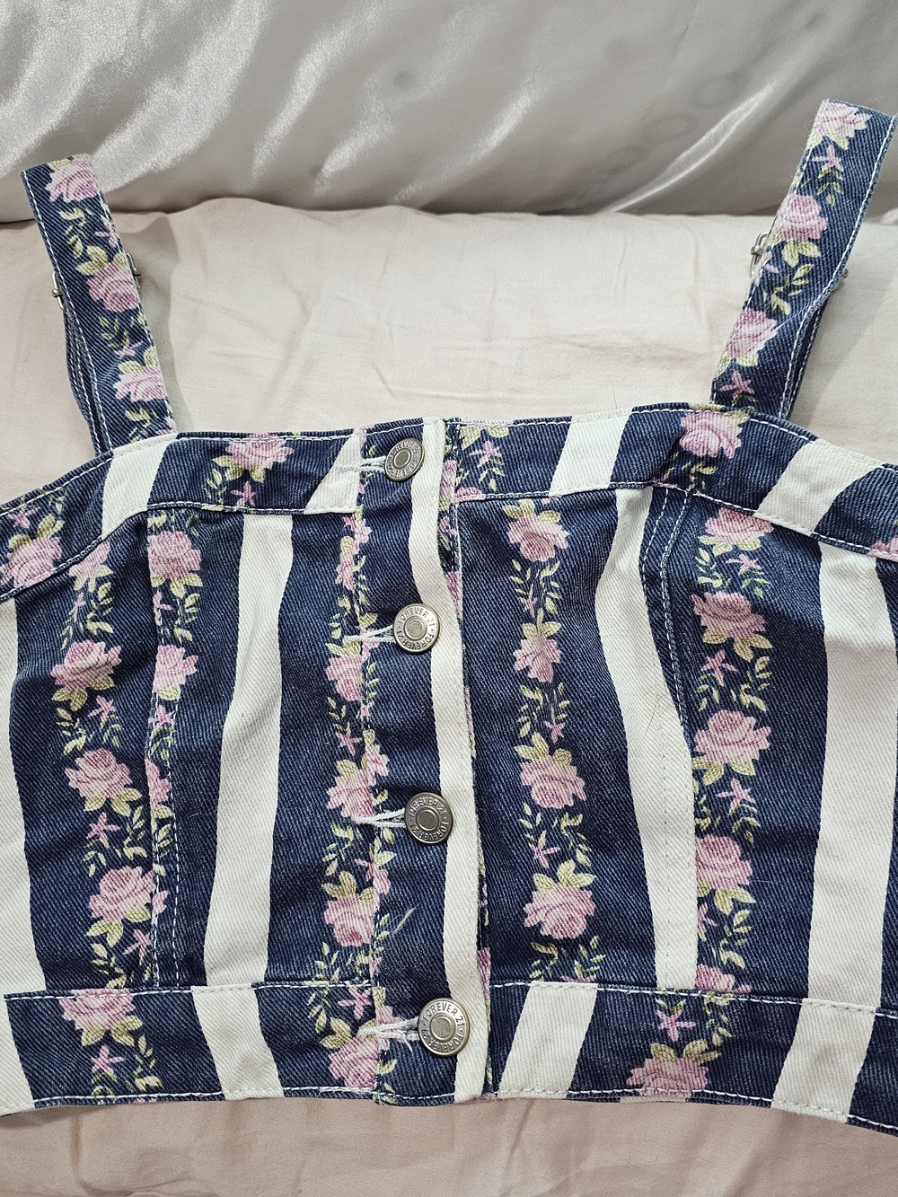 Striped Floral Front Button Denim Crop Top - Navy & Pink